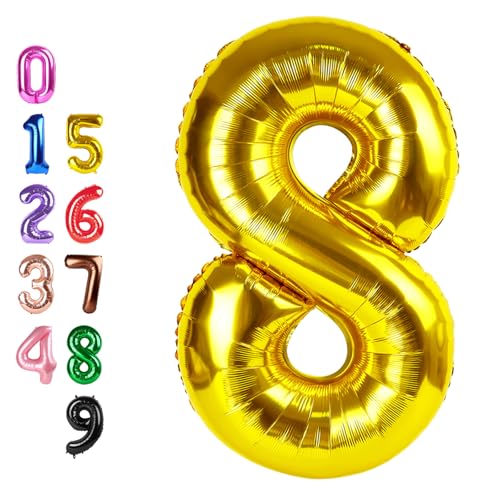 Image of Number Balloons 8 Balloon 40 inch Gold for 8th Birthday Party Decorations | Saturated Color, Large 40 inch, With Straw & Hanging Holes, For Back-To-School Season, Thanksgiving, Christmas, New Year