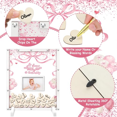 Image of Beeveer 65 Pcs Pink Bow Baby Shower Guest Book Alternatives Coquette Baby Shower Sign in Guest Book Decoration Pink Bow Decorations with Photo Frame and 60 Wood Heart Slices Keepsakes Gifts for Guests