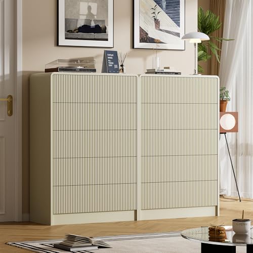 Image of Furniway Beige 5 Drawer Dresser for Bedroom, Curved Tall Dresser with Push-to-Open Design, Chest of Drawers for Bedroom, Living Room, Hallway, 15.7 inchD x 32 inchW x 47.2 inchH