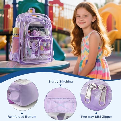Image of Clear Backpack with Pencil Case, Heavy Duty PVC Transparent Backpack with Oxford Cloth Bottom & Reflective Strips for Primary College Work Stadium Concert Festival