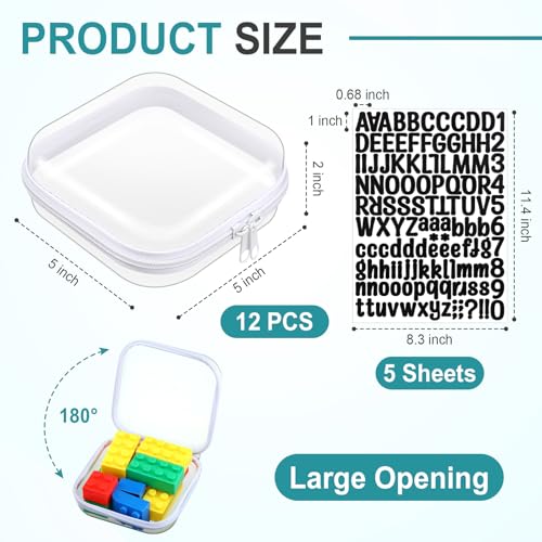 12 Pcs Clear Hard Zipper Case Plastic Zipper Pouch with 5 Sheets Alphabet Stickers Double Toy Storage Organizer Makeup Case for Travel Building Blocks Puzzles Cosmetic(5 x 5 x 2”)2
