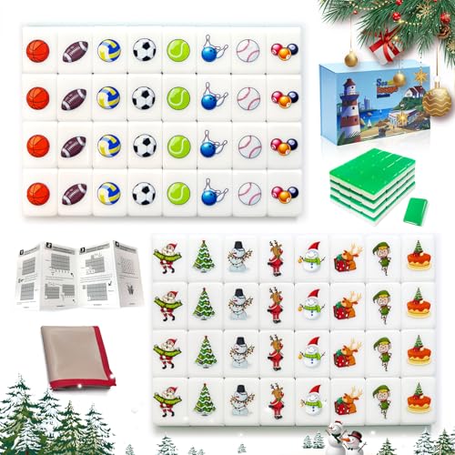 WELLATENT Seaside Escape Game Blocks Mahjong Sets with 65 Tiles 38mm Christmas Pattern with Exquisite Box, Christmas Play with Kids.