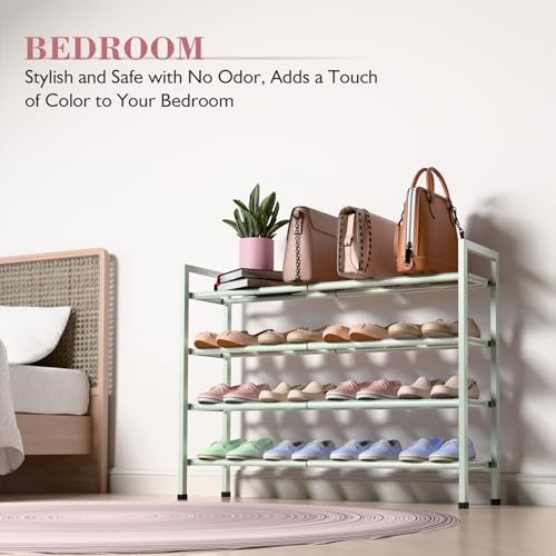 Image of Bumusty 4-Tier Expandable Shoe Rack for Closet, 18 inch-33 inch Adjustable Shoe Rack for Small Space, Small Shoe Organizer for Front Door, Sturdy Metal, Green