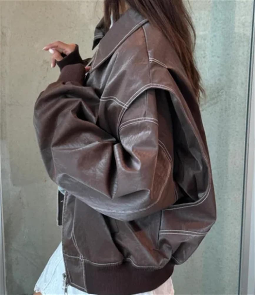 ORANDESIGNE Giacca Bomber da Donna in Finta Pelle Manica Lunga Risvolto in Pelle PU Giacca Oversize Tinta Unita Cerniera Cappotto Streetwear