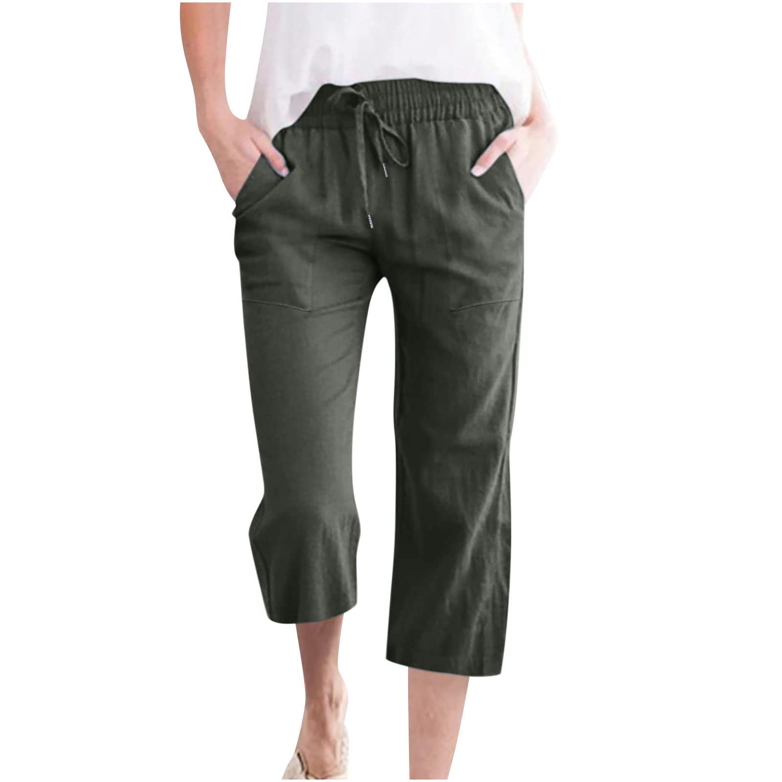 SMIDOW Linen Capri Pants for Women Casual 2026 Summer Drawstring Elastic High Waist Capris Wide Leg Cropped Trousers