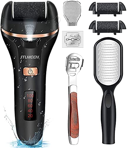 Electric Callus Remover for Feet, JTLMEEN Rechargeable Foot Scrubber Pedicure Tools, Professional Waterproof Foot File with Adjustable Speed Remove Cracked Callus Hard Skin, 2 Roller Heads (Black)