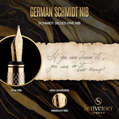 Image of Scriveiner Luxury Fountain Pen - Stunning Gold Pen, Real Gold Plating, Schmidt Gilded Nib (Fine), Converter, Best Pen Gift Set for Men & Women, Professional, Executive, Office, Nice Pens