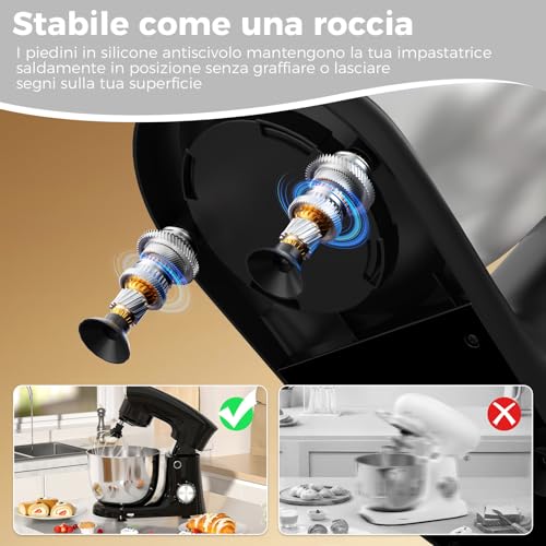 YASHE Impastatrice Planetaria 1500W, 2 Ciotole in Acciaio Inox 4,5L + 5L, 10+P Velocità, Testa Inclinabile, con Gancio Impastatore, Frusta e Sbattitore, Nero - immagine 6