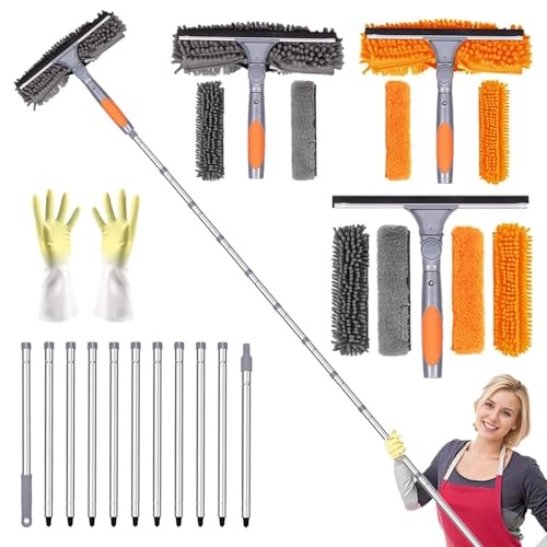 4.5M Extendable Window Cleaning Pole Set Telescopic 2in1 Long Reach Window Cleaning Equipment with Silicon Squeegee and 5 Microfiber Pad(2Orange 3Gray) Telescopic Long Handle Squeegee with Gloves