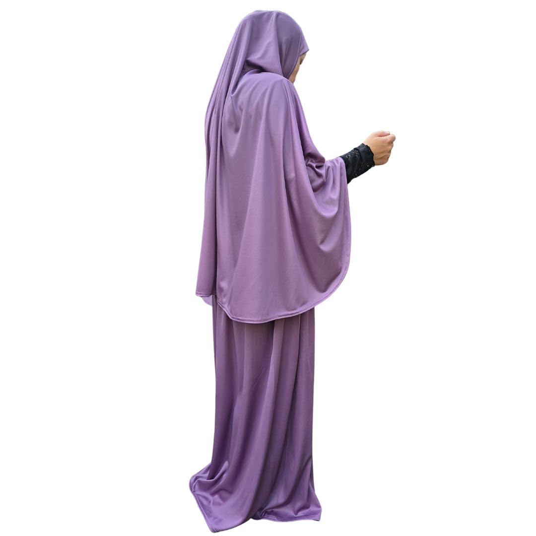 Yaqeen Women's Lilac Prayer Set Two Piece (Khimar + Skirt) One Size Pull On Headscarf Stretchy Lycra Ideal Everyday/Home/Work/Travel/Hajj/Umrah/Mosque/Madrassa/Ramadan/Eid/Gift (Lilac)
