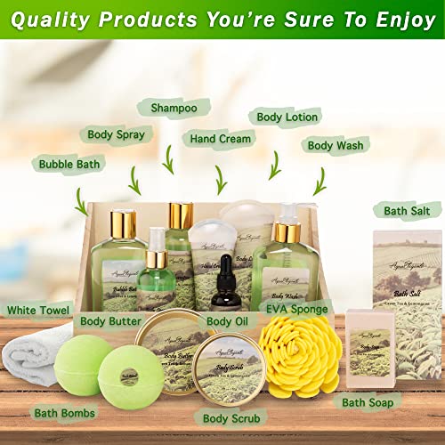 Bath Spa Gift Sets - Luxury Basket With Green Tea & Lemongrass - Spa Kit Includes Wash, Bubble Bath, Lotion, Bath Salts, Body Scrub, Body Spray, Shower Puff, Bathbombs, Soap And Towel #TOP1