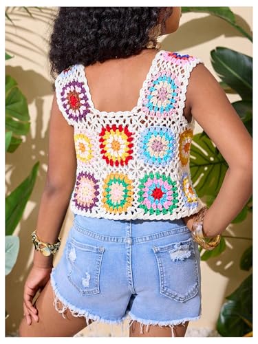 Floerns Girl's Floral Boho Crochet Tank Top Tie Front V Neck Sleeveless Crop Tops3