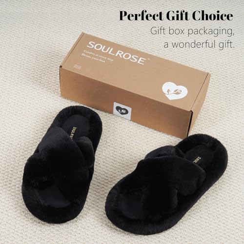 Image of SOULROSE Womens Slipper Open Toe Fuzzy House Slippers for Woman Platform Indoor Outdoor Cross Band Slippers with Anti-Slip Sole Furry Bedroom Memory Foam Gift Shoes