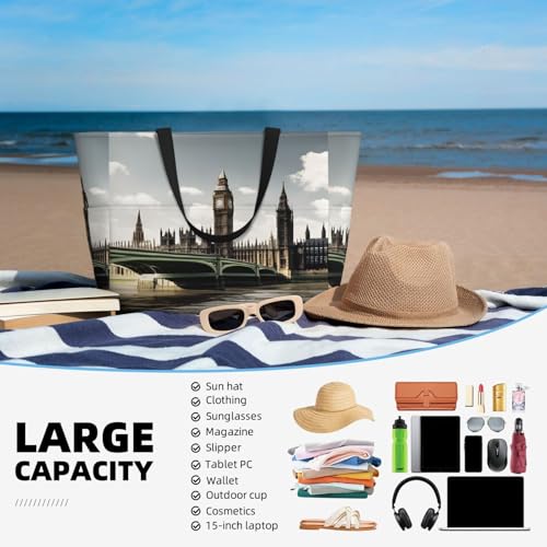 (London) Large Beach Tote Bag For Women With Zipper Foldable Lightweight Travel Pool Bag For Vacation Shopping 5