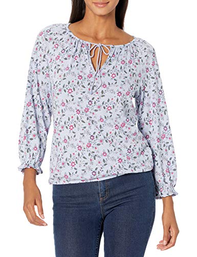 Lucky Brand Women's Long Sleeve V-Neck Printed Peasant Top, Blue Multi, M