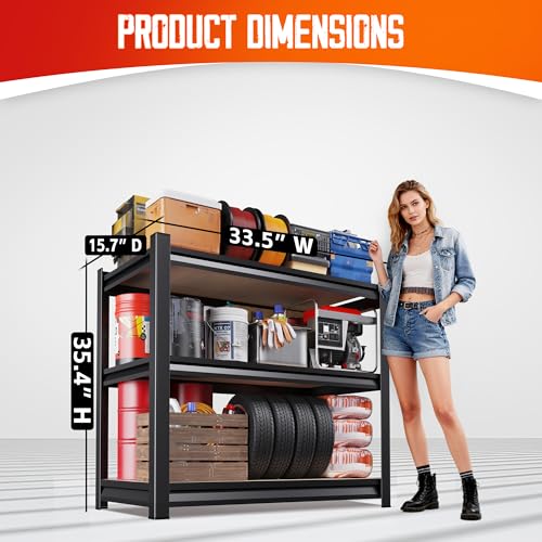 Image of Set of 7 Garage Shelving,3 Tier Garage Storage Shelves,Adjustable Heavy Duty Metal Shelving Units and Storage Large Rack,Utility Steel Shelf For Shop Warehouse Industrial Pantry Basement 33 inchx35 inchx16 inch