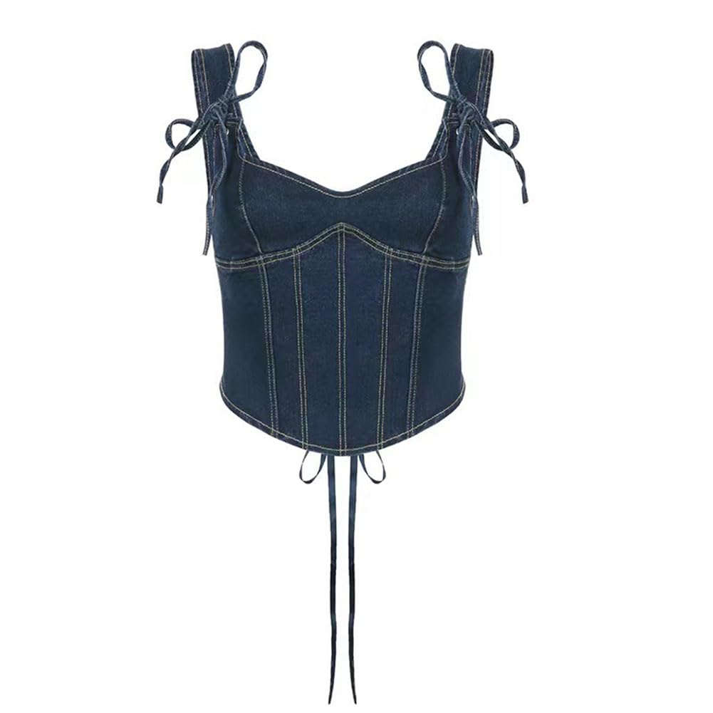 Womens Denim Vest with Deep V-neck Tie Sleeveless Denim Vest and Adjustable Back for a Skinny Stylish Cropped