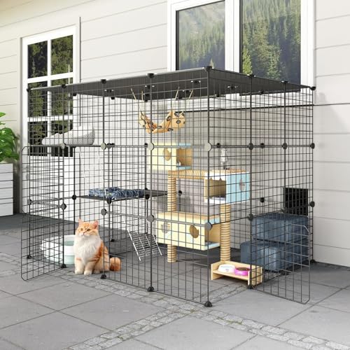 Oneluck Outdoor Cat House Cages Enclosure with Super Large Enter Door, 55L x 41W x41H Balcony Cat Playpen with Platforms, DIY Kennels Crate Large Exercise Place Ideal for 1-3 Cats
