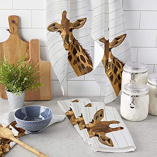 Kitchen Towels Set Geometric Giraffe Dish Towel Cartoon Animal Wood Grain Dishcloths 2 Pack, 18X28 Inches Absorbent Soft Cotton Dish Cloths Bar Towels & Tea Towels #TOP2