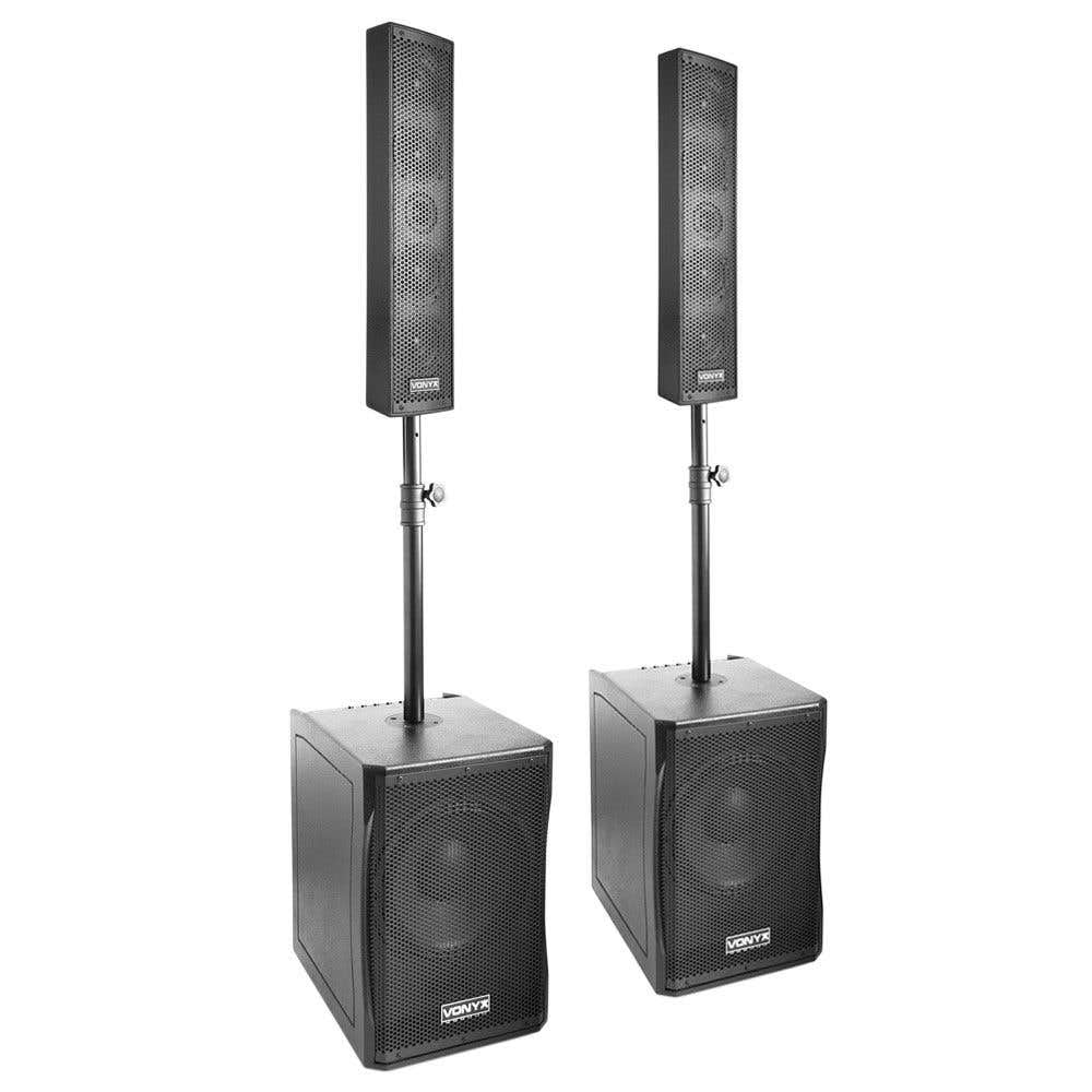 Vonyx VX1200 – Pack de 2 Unidades – Sistema de Sonido Activo 2 vías 750W con subwoofer 12”, Column Array, entradas XLR y RCA, Equipo de Sonido Profesional Plug and Play para Eventos y DJ, Color Negro