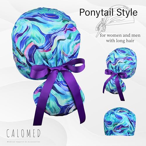 Image of Scrub Cap for Women and Men, Ponytail Scrub Caps, Working Hat, Head Cover with Ribbon Ties and Buttons, Long Hair