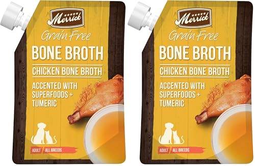 Image of Merrick Grain Free Bone Broth, Premium Human Grade and Gluten Free Dog and Cat Food Topper Pouches, Chicken - 16 oz. Pouch (Pack of 2)