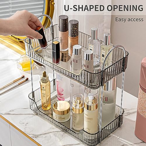 Image of Akinbas 2 Tier Bathroom Organizer Countertop Makeup Perfume Tray Skincare Organizer for Bathroom Dresser Vanity (Grey)