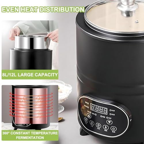 Digital Fermentation Machine, 8L/12L Yogurt Maker with Timer, Adjustable Thermostat 25-80°C for Fermented Milk, Sweet Rice Wine & Fruit Salad, Black