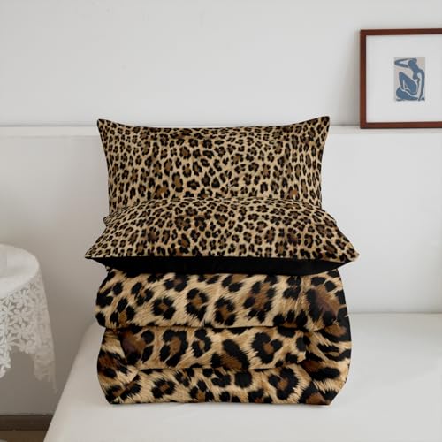 Image of Feelyou Kids Leopard Print Comforter Set Twin Size, Cowhide Bedding Set Boys Girls Brown Cow Fur Comforter Animal Duvet Insert Kids Room Decor 3Pcs