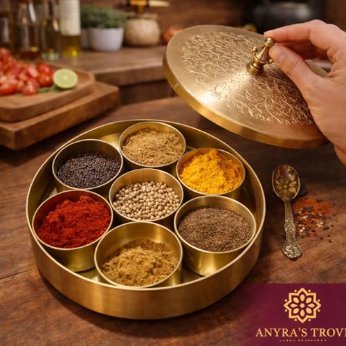 Image of ANYRA'S TROVE Pure Brass Spice Box Set with Spoon(7 Containers) Pital Masala Box For Kitchen|Spices Masala dabba|Masala Dani|Anjarai Petti|Namak Dani|Container|gifting for Home