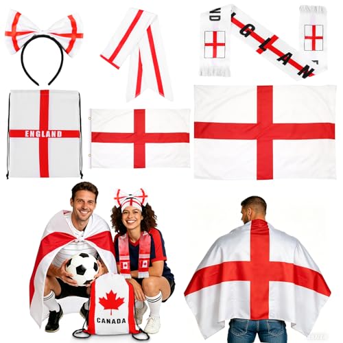2026 Soccer Fan Gift Set England Flag Patriotic Accessories Bundle Includes Flag Cape Headband Scarf Hair Hoop Drawstring Bag for World Cup Sports Events Party Parade (England)