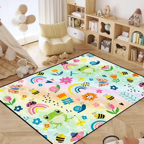 4' x 6' Rainbow Rug Cartoon Frog Butterfly Floral Cute Animal Area Rugs for Kids Boys Girls Children Bedroom Playroom Carpet Living Room Decor Dorm Door Floor Mat Rainbow 05 4' x 6' (Rectang