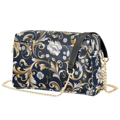 KLL Dark Blue Gold Floral Fashion Small Crossbody Bags For Women Vegan Leather Purse For Teens Waterproof Shoulder Handbags2