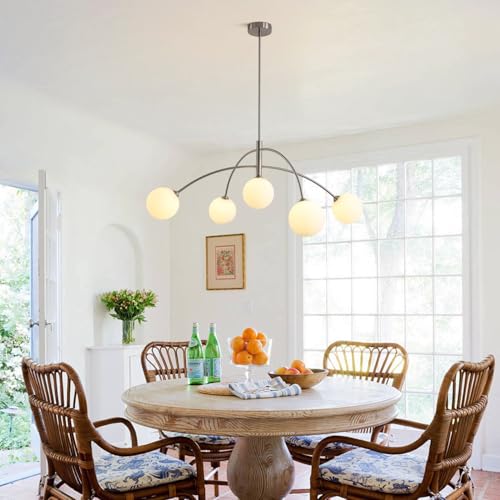 Image of Mid Century Modern Chandelier, 5 Light Silver Sputnik Light Fixture with White Glass Globe Shade, Adjustable Modern Sputnik Chandelier for Dining Room Kitchen Bedroom