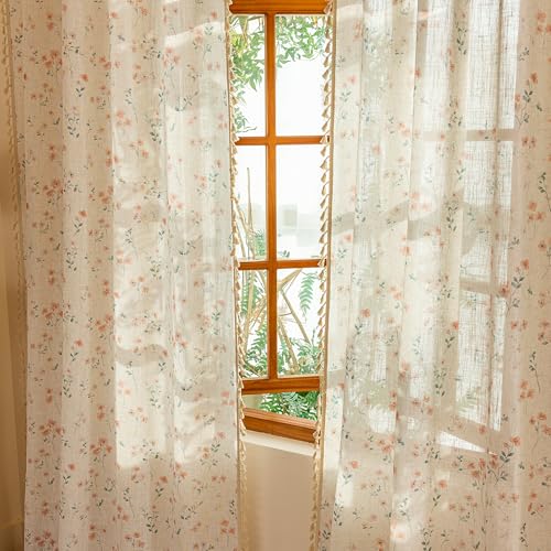Image of MYSKY HOME Boho Linen Floral Curtains 63 inch Long for Girls Bedroom Vintage Farmhouse Pink Printed Semi Sheer Light Filtering Back Tab Rod Pocket Drapes with Tassels, Each Panel 50 inch W, 2 Pcs, Pink