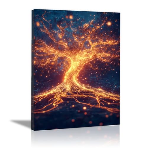 Arbre de vie impression sur toile CUDAOO orange flamme grand format 70x100 cm encadrée pour salon
