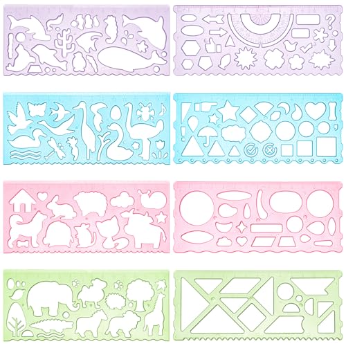 DOPENSPI 8 plantillas de pintura para niños, 4 plantillas de dibujo con animales y plantas, así como 4 plantillas de pintura para niños con formas geométricas con regla de graduación de 15 cm