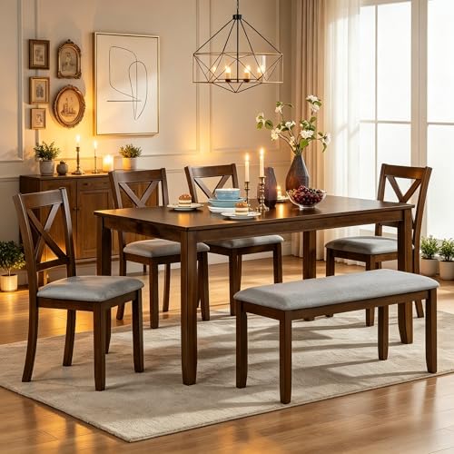 Image of LUMISOL 6 Piece Dining Table Set for 6, Solid Wood Kitchen Table with 4 Chairs and Bench, Farmhouse Dining Table Chair with Bench Set for Kitchen, Living Room, Walnut Grey