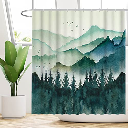 Allenjoy 72X72 Watercolor Mountain Forest Landscape Teal Shower Curtain For Bathroom Sets Green Misty Home Bath Nature Bathtub Decorations Durable Waterproof Fabric Machine Washable With 12 Hooks #TOP1