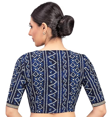 Image of Studio Shringaar Women's Cotton Bandhni Printed & Embroidered Saree Blouse With Elbow Length Sleeves