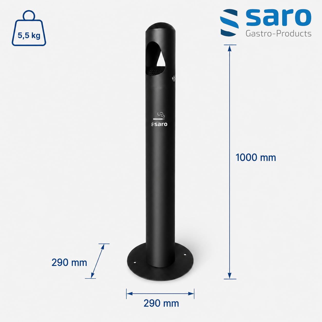 SARO schwarzer Standascher - Edelstahl-Innenbehälter – 290×290×1000 mm – Abschließbar – Für Innen- & Außenbereiche – Modell RANA
