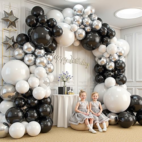 Image of 412Pcs Black and Silver White Balloon Arch Kit, 18 12 10 5 Inch Different Size Black and Silver White Balloons for Graduation Birthday Wedding Party Decorations