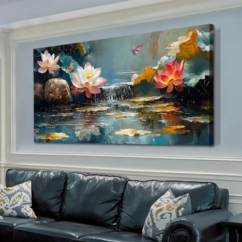 Anolyfi Lotus Canvas Wall Art for Living Room, Zen Yoga Decor Pink Large Picture Landscape Bedroom Painting Textured Artwork Framed for Spa Bathroom Hallway Kitchen Room Office Home Decor 40