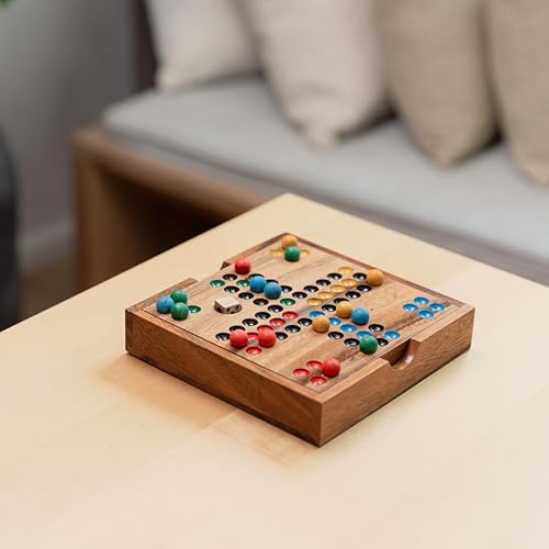Miniatura 7 de SiamMandalay Juego de mesa Ludo de madera premium  Juego de juego hecho a mano tamaño viaje 6.3 in diseño compacto con dados y 16 piezas coloridas