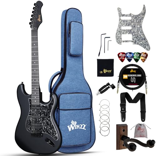 Winzz Guitarra Eléctrica Adulto 4/4 Tamaño Completo, Pastilla HSS, Guitarra Eléctrica ST para Principiantes Pack con 12 Accesorios, Electric Guitar Kit por 12+ Años (39' Negro Mate, Pickguard Negro)