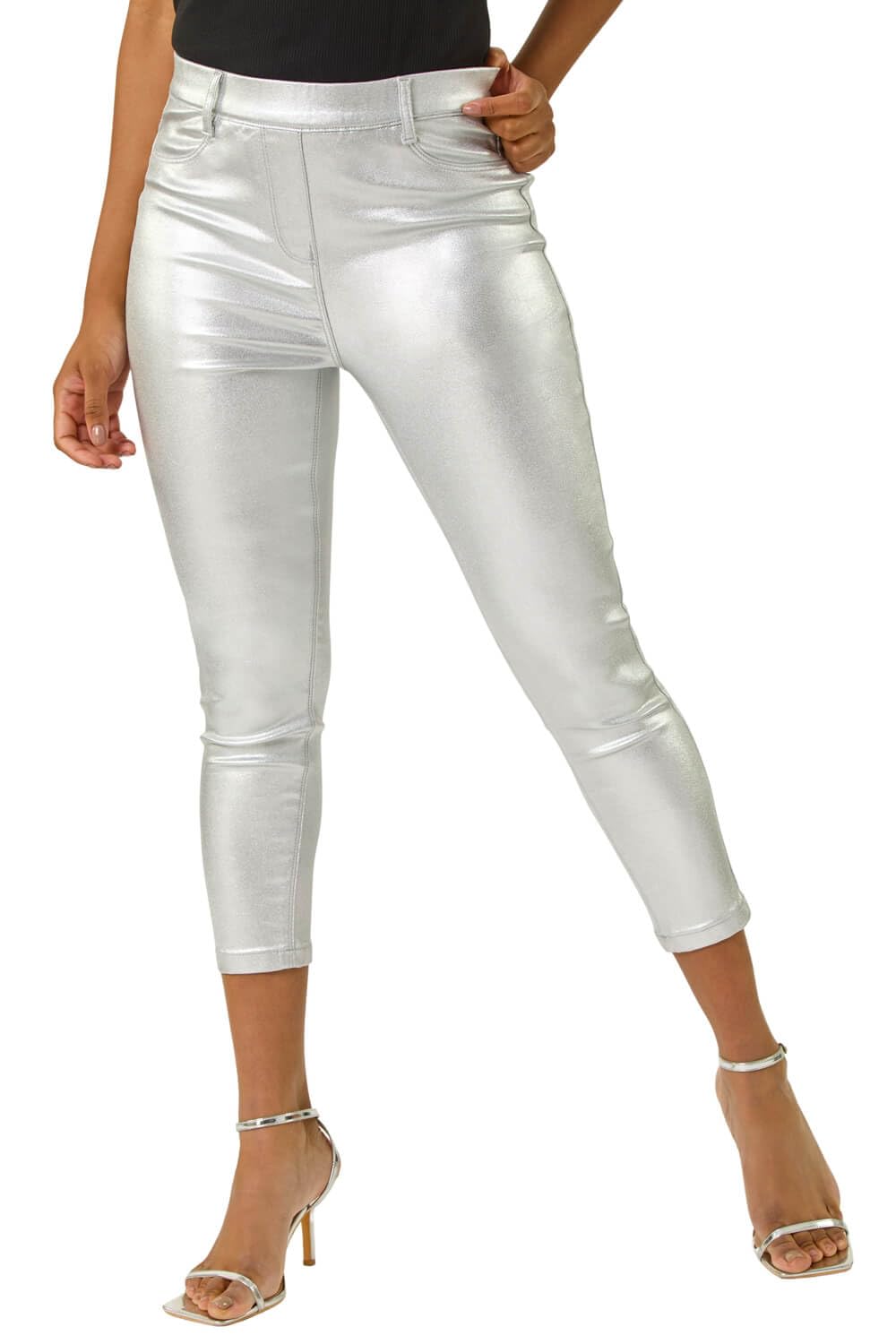 Roman Women's Silver Metallic Coated Crop Jeggings Size 20
