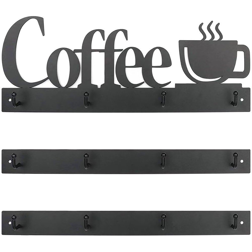 Juego De 3 Soportes Para Tazas De Café Montados En Pared, 12 Estantes De Metal Para Tazas De Café Con Letrero De Café Y Té, Colgador De Tazas De Té Para Exhibición De Bar, Decoración De Rincón De