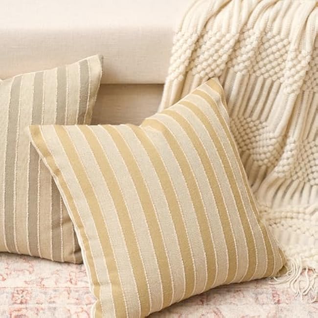 Yangest Boho Cotton and Linen Square Pillow Cover 18x18 Inch, Cozy Soft Neutral Striped Couch Pillowcover Accent Modern Decorative Pillow for Sofa Couch Bedroom Living Room, Khaki