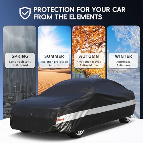 Image of Holhtly Car Cover Custom Fit for Dodge Challenger, Car Covers for Automobiles All Weather Waterproof Sun Snow Rain Wind Dust Protection, Outdoor Car Cover Black & Grey