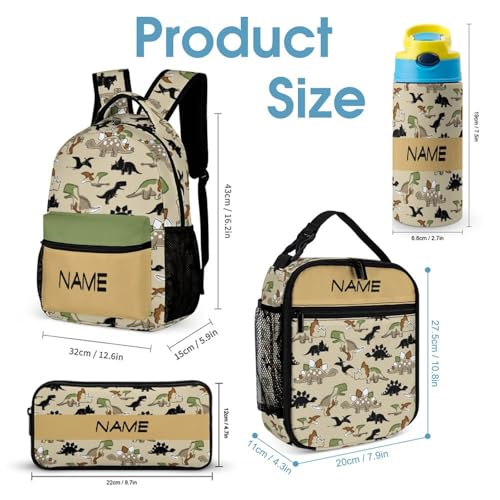 Custom Colorful Dinosaur Backpacks 4 Piece Set Personalized Add Name Backpack with Lunch Bag Pencil Bag Kids Water Bottle Customization School Book Bags for Boys Girls2